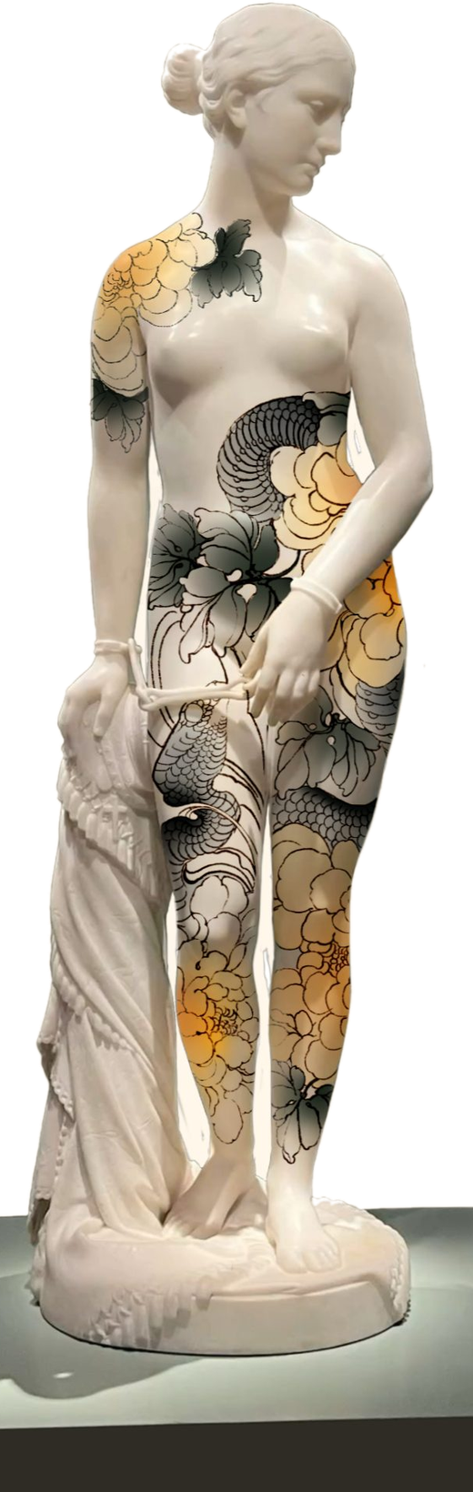 Estátua clássica com tatuagens japonesas, símbolo do studio Vazios