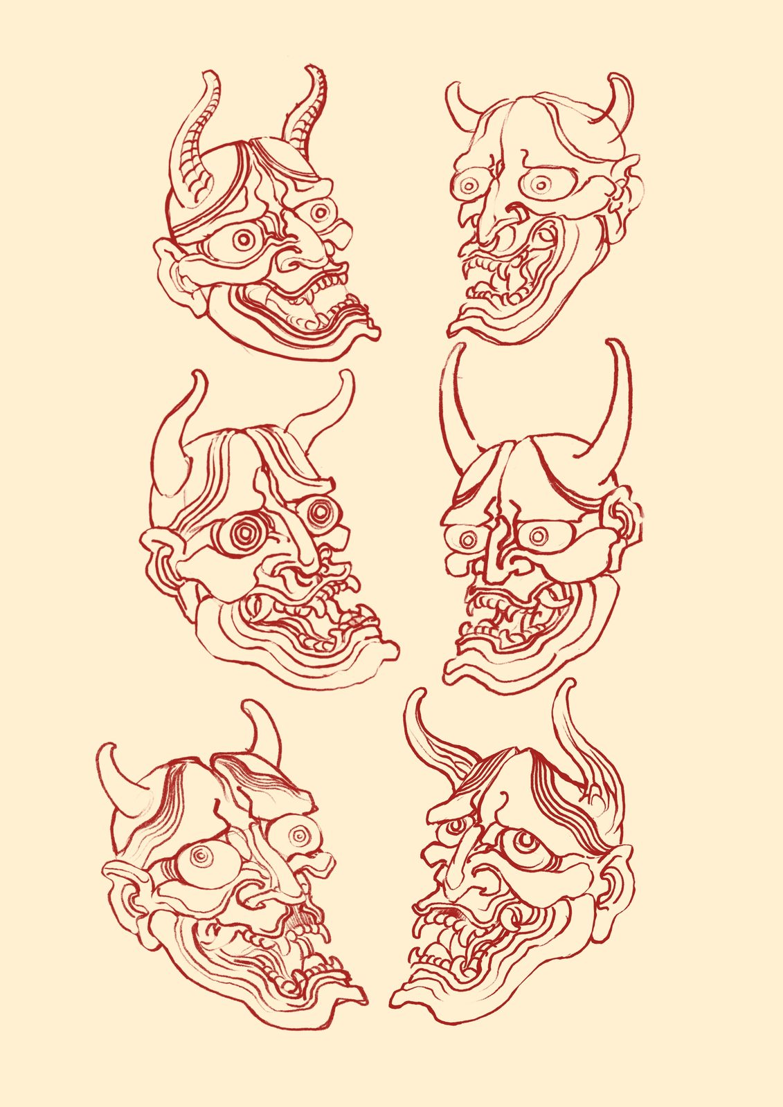 Folha de estudos de máscara hannya, desenho a lápis vermelho