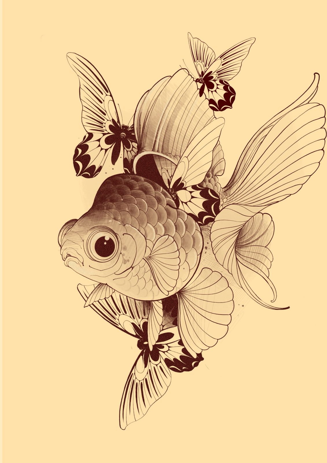 Estudo de peixe-dourado e borboletas, desenho de Denis Vazios