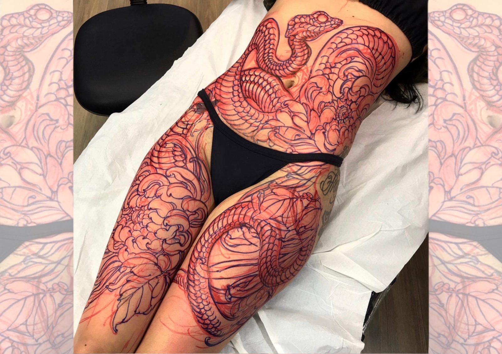 Freehand de serpente e peônia desenhado no corpo