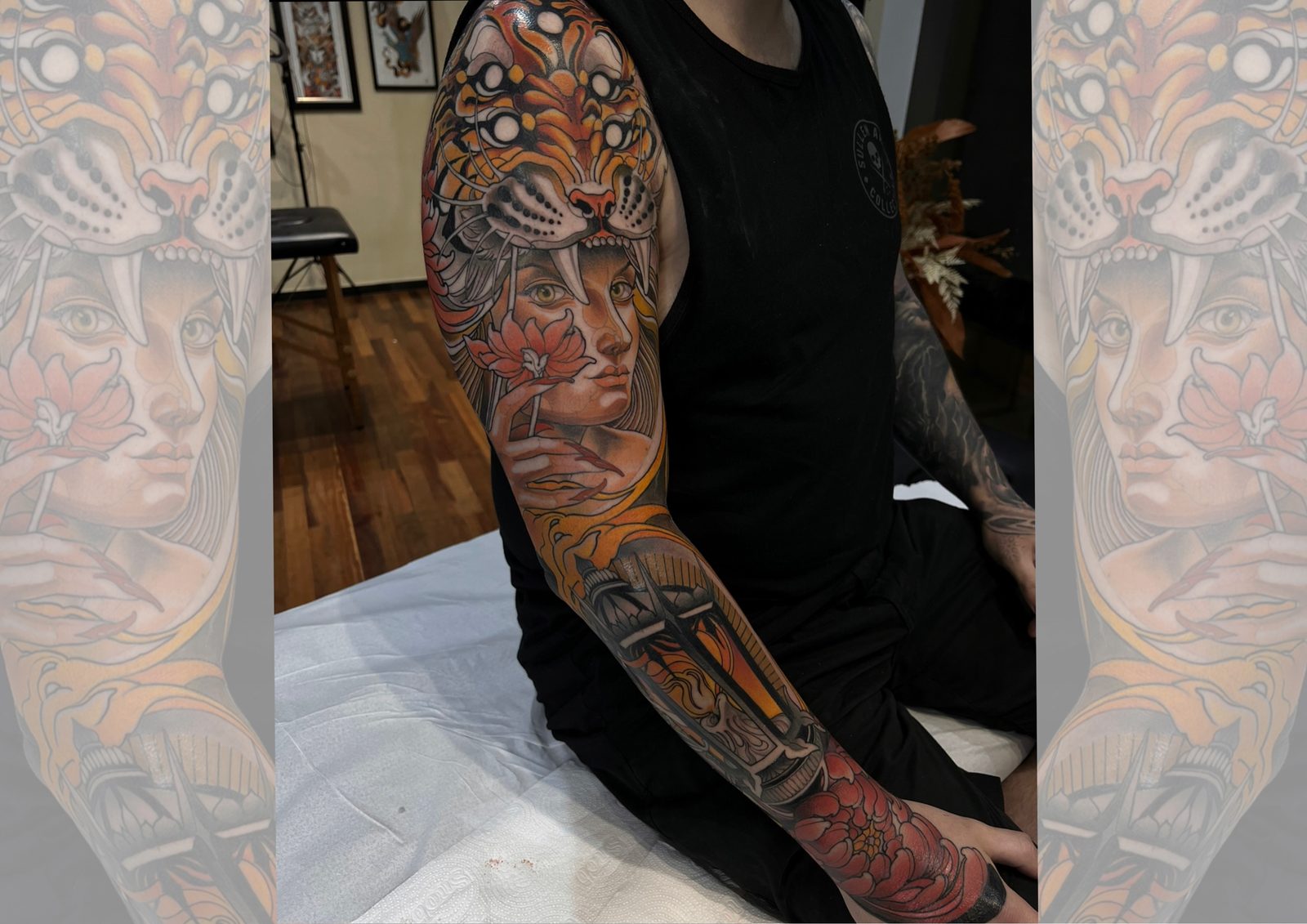 Dama com elmo de tigre, tatuagem finalizada