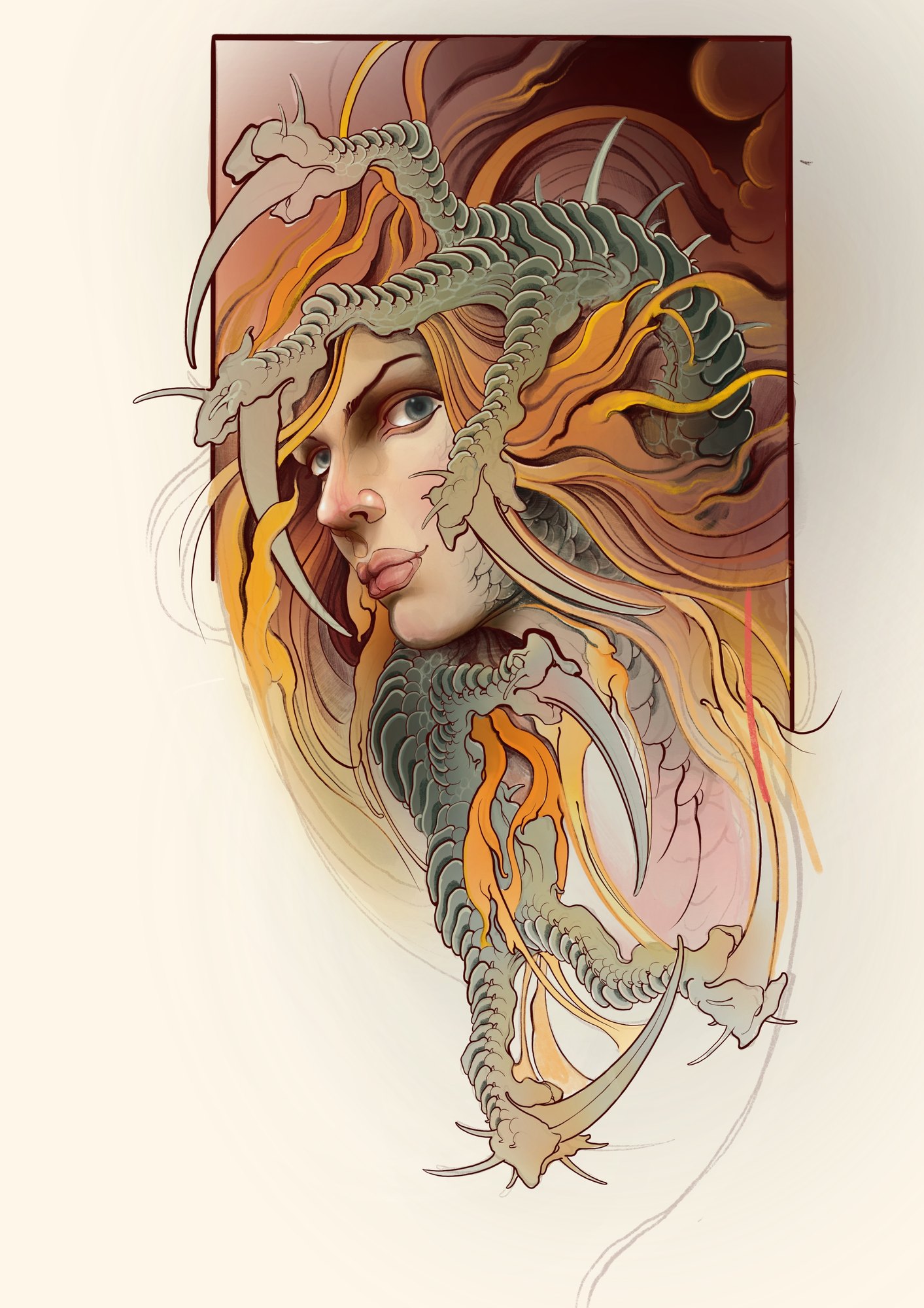 Pintura: rosto e dragão cinza