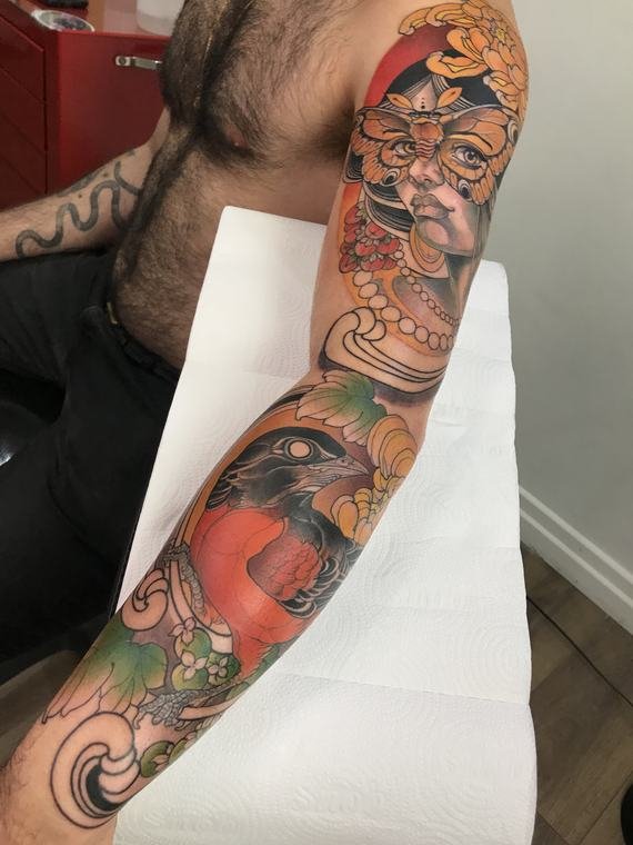 Dama e pássaro, tatuagem de Denis Vazios