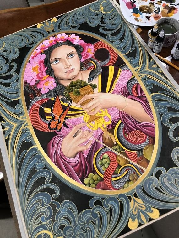 Dama e serpente, pintura original em tondo de Denis Vazios
