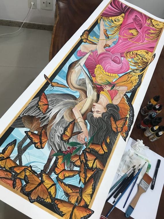 Dama e borboletas, pintura original de Denis Vazios