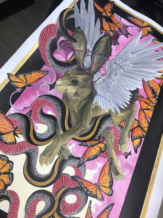 Lebre alada e serpente entre borboletas, pintura original de Denis Vazios