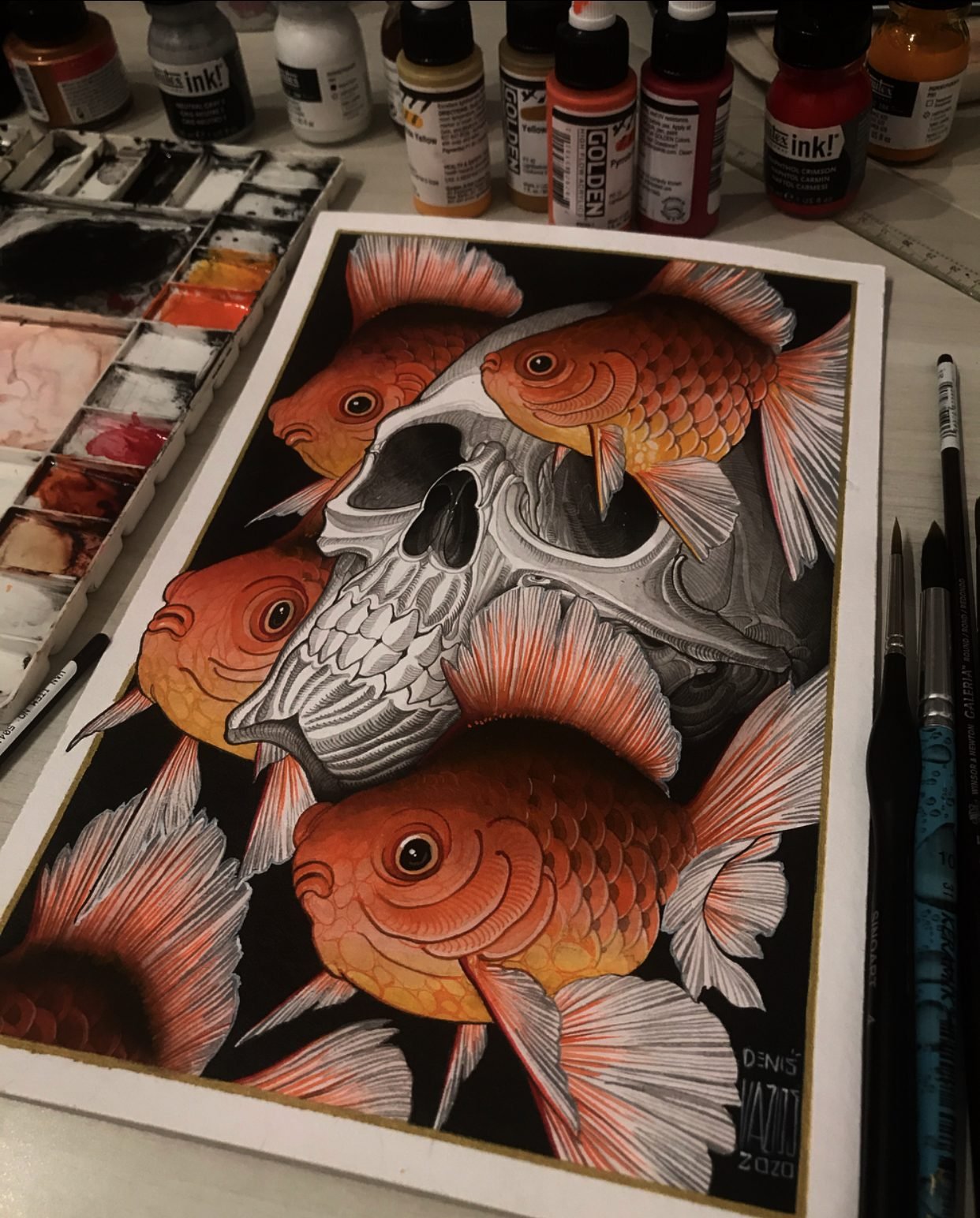 Pintura original: crânio e carpas, pintada à mão por Denis Vazios