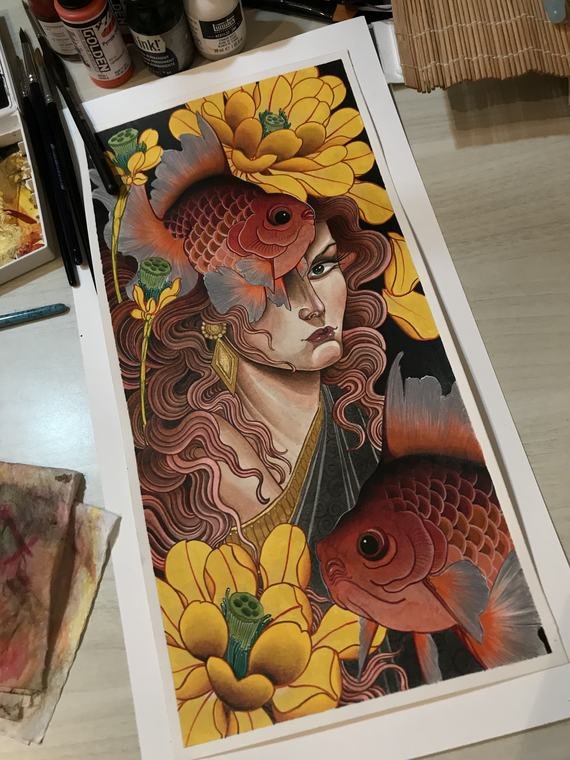 Dama e carpa, pintura original de Denis Vazios