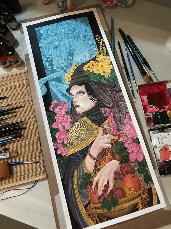 Gueixa e peônias, pintura original de Denis Vazios