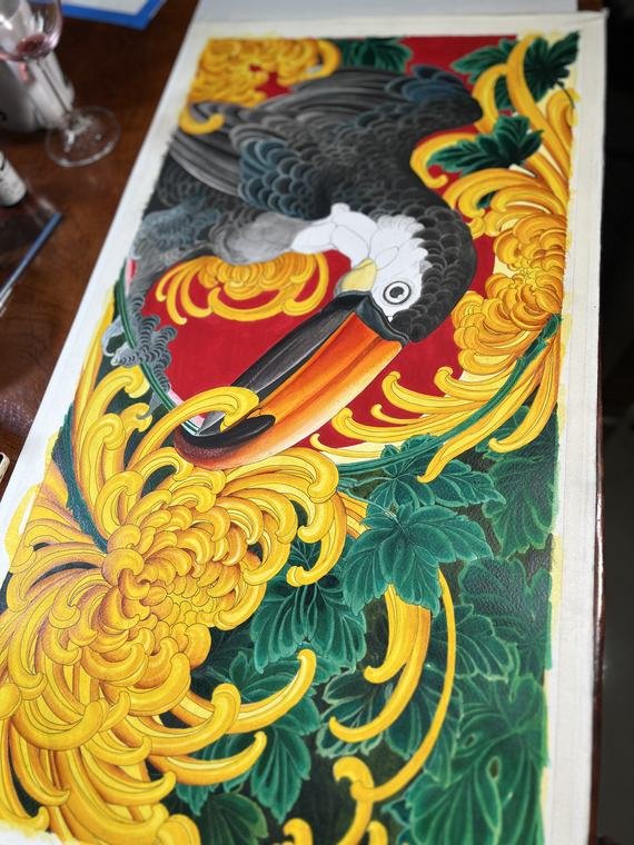 Ave e crisântemo, pintura original de Denis Vazios
