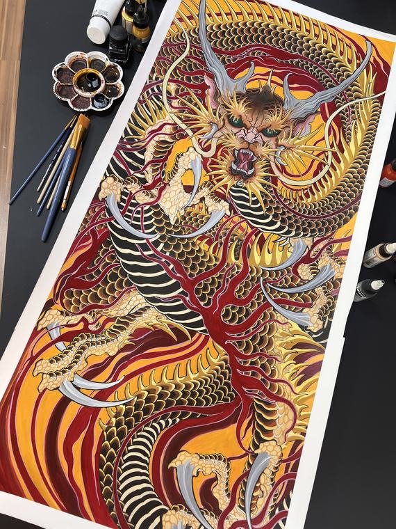 Dragão dourado, pintura original de Denis Vazios